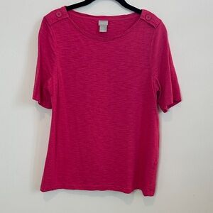 Chico’s Hot Pink Slub Tee w/ Button Tab on Shoulder Size Medium / Chico’s Size 1